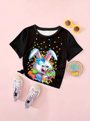 Bunny Graphic Short Sleeve T-shirt for Girls - Easter Summer Clothes