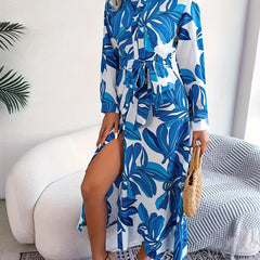 Tropical Print Long Sleeve Maxi Shirt Dress
