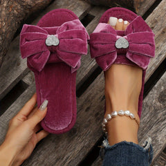 Women's Bowknot Slippers Open Toe Slip On Shoes Rhinestone Heart Decor