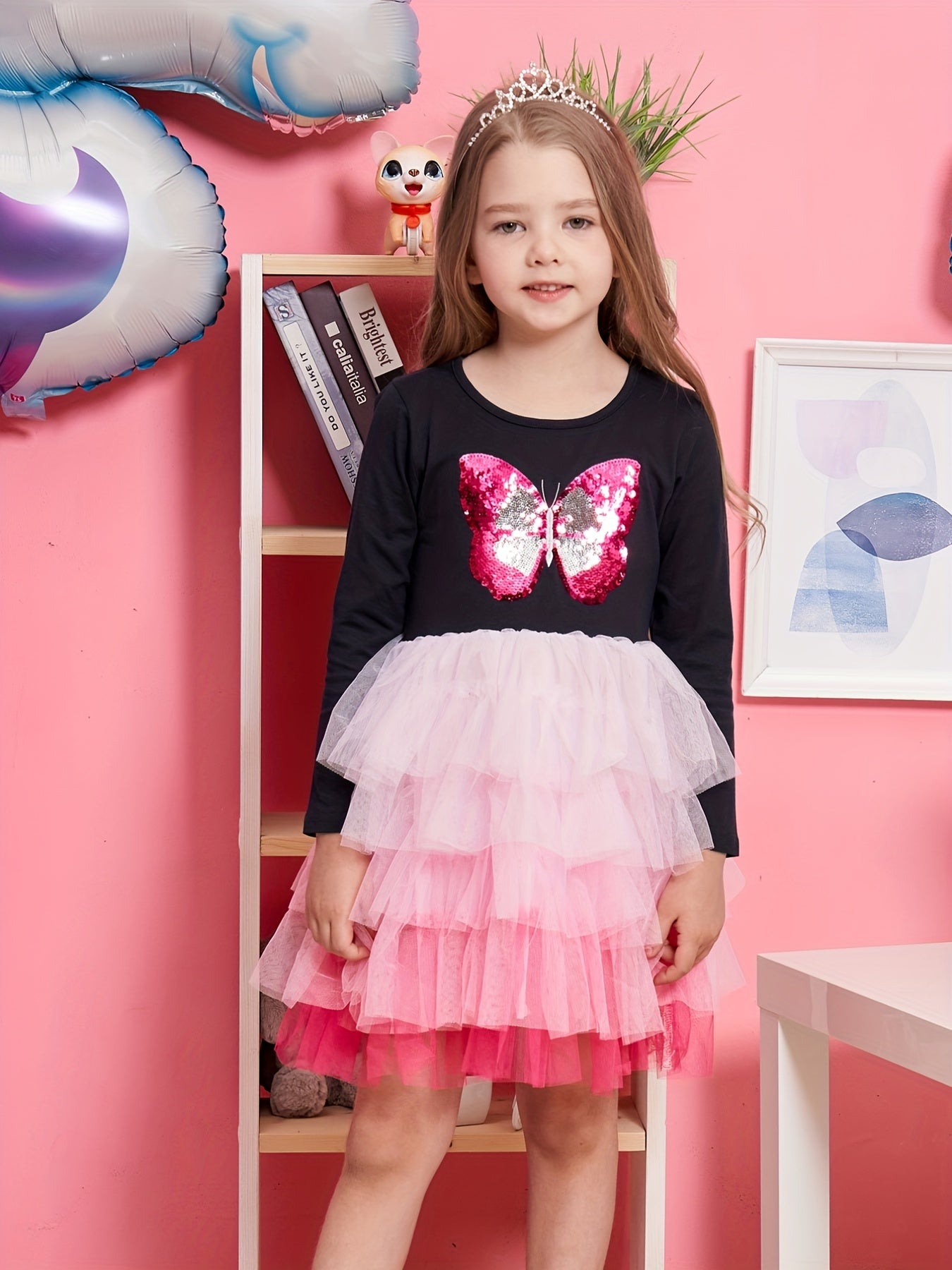 Girls Butterfly Embroidered Long Sleeve Tutu Dress Party Outfit