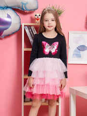Girls Butterfly Embroidered Long Sleeve Tutu Dress Party Outfit