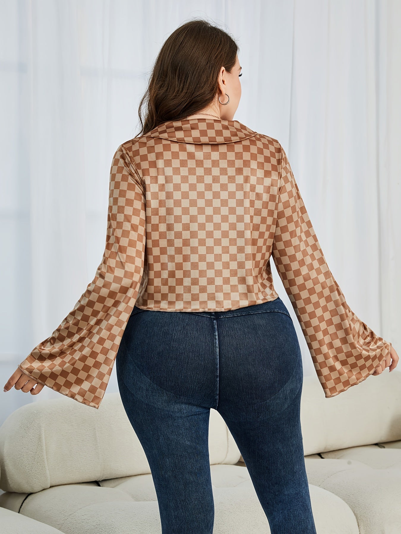 Checkerboard Bell Sleeve Crop Blouse Plus Size