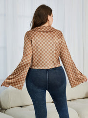 Checkerboard Bell Sleeve Crop Blouse Plus Size