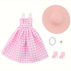 Pink and Plaid Dress Set for 12-inch Dolls with Accessories