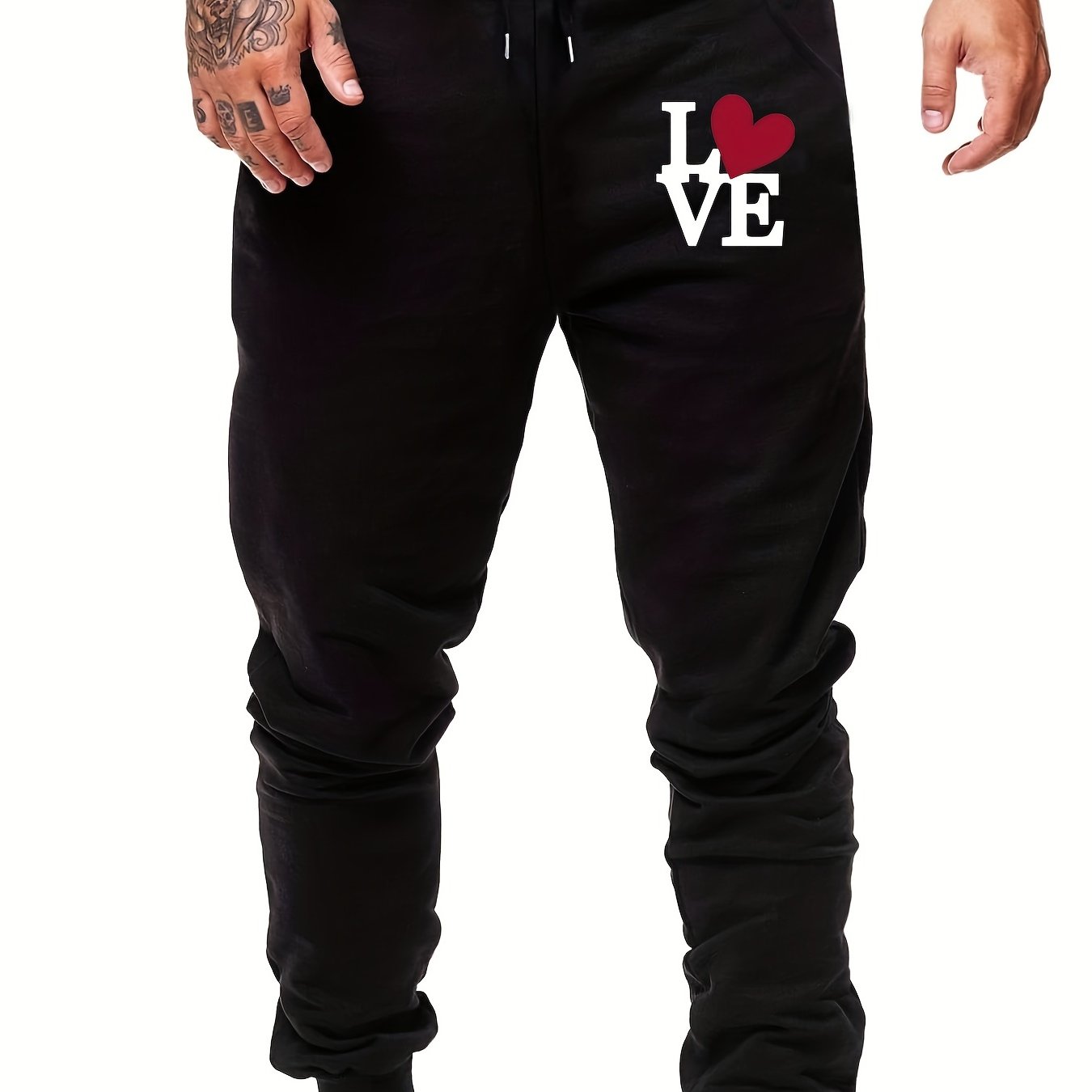 Men s Love Print Sports Pants Casual Drawstring Jogging Trousers