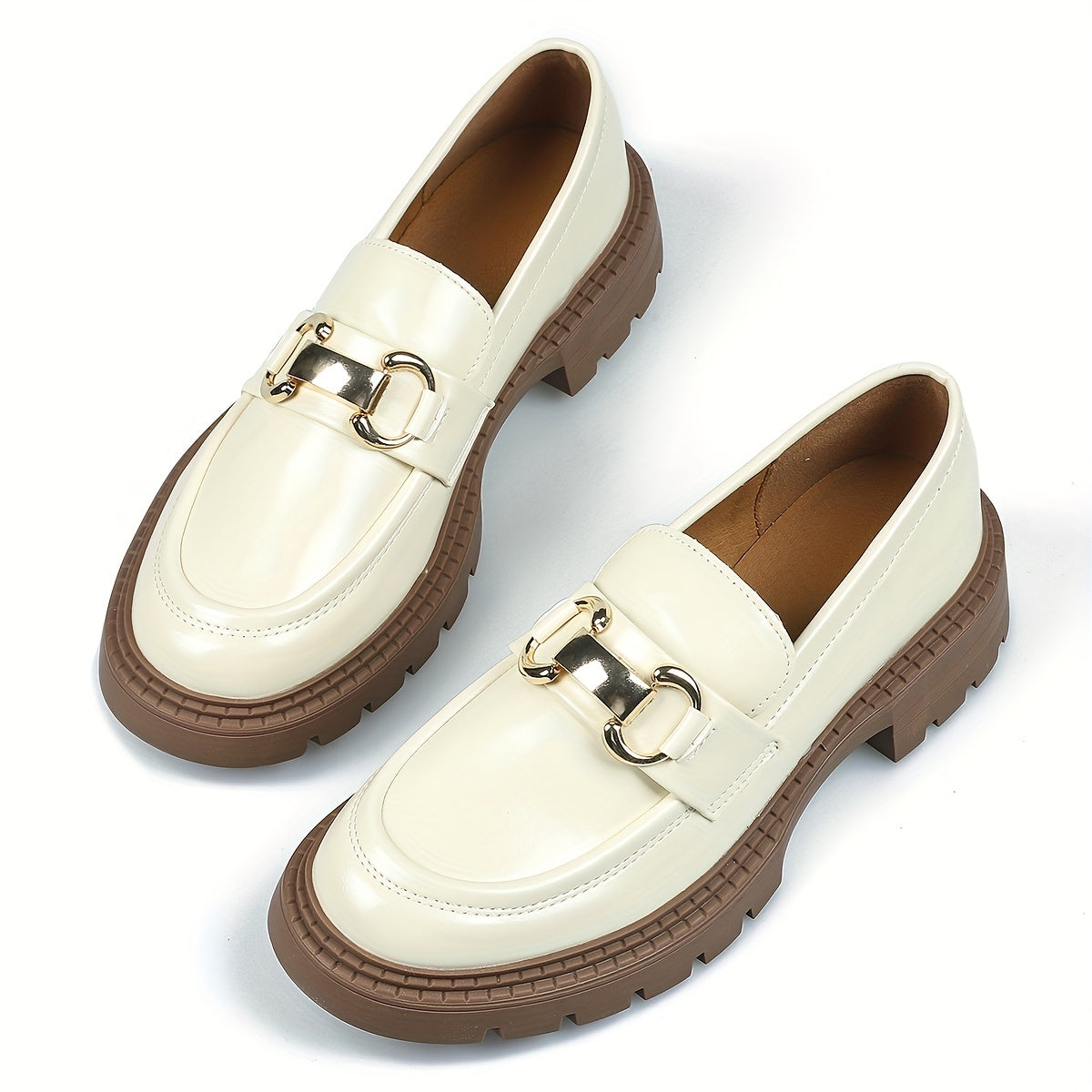 Metallic Chain Loafers Slip On Round Toe Platform Shoes