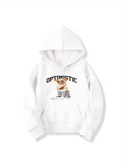 Skateboard Bear & OPTIMISTIC Letter Boys Hooded Sweatshirt