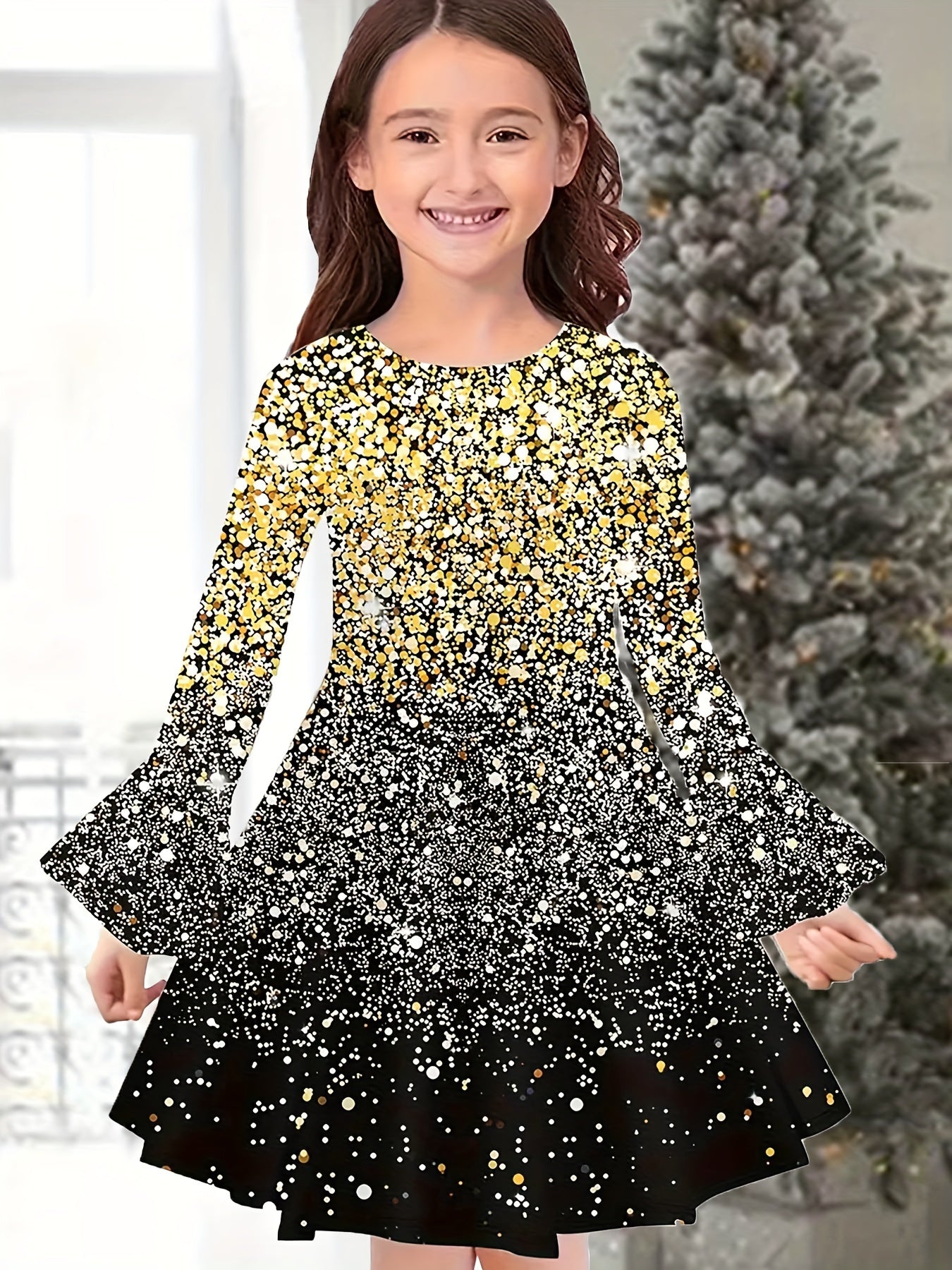 Girls Sequin Print Long Sleeve Dress Spring Fall Gift