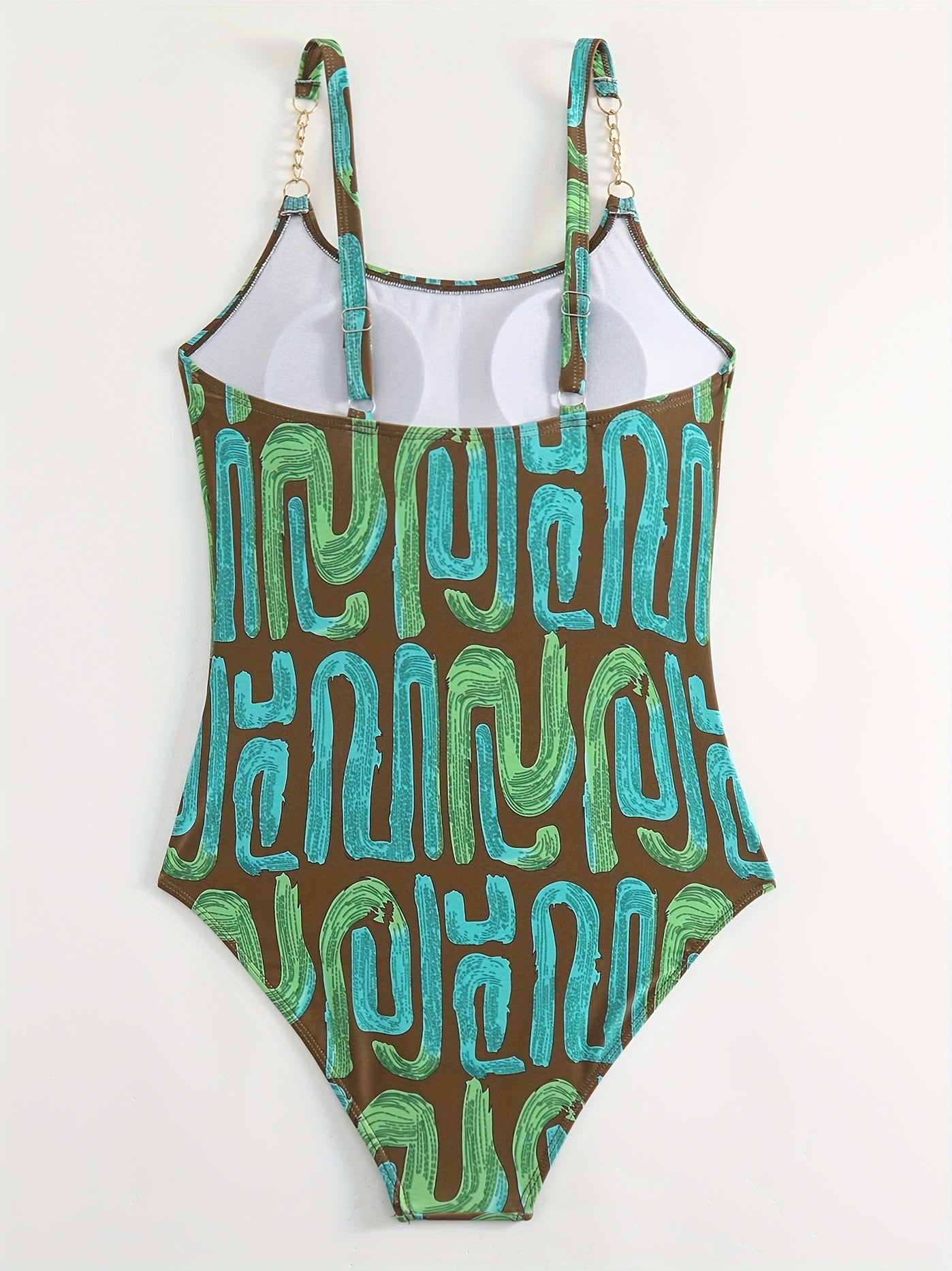 Geometric Pattern One Piece Swimsuit with Gold Chain Shoulder Strap