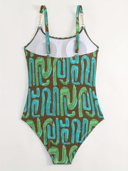 Geometric Pattern One Piece Swimsuit with Gold Chain Shoulder Strap