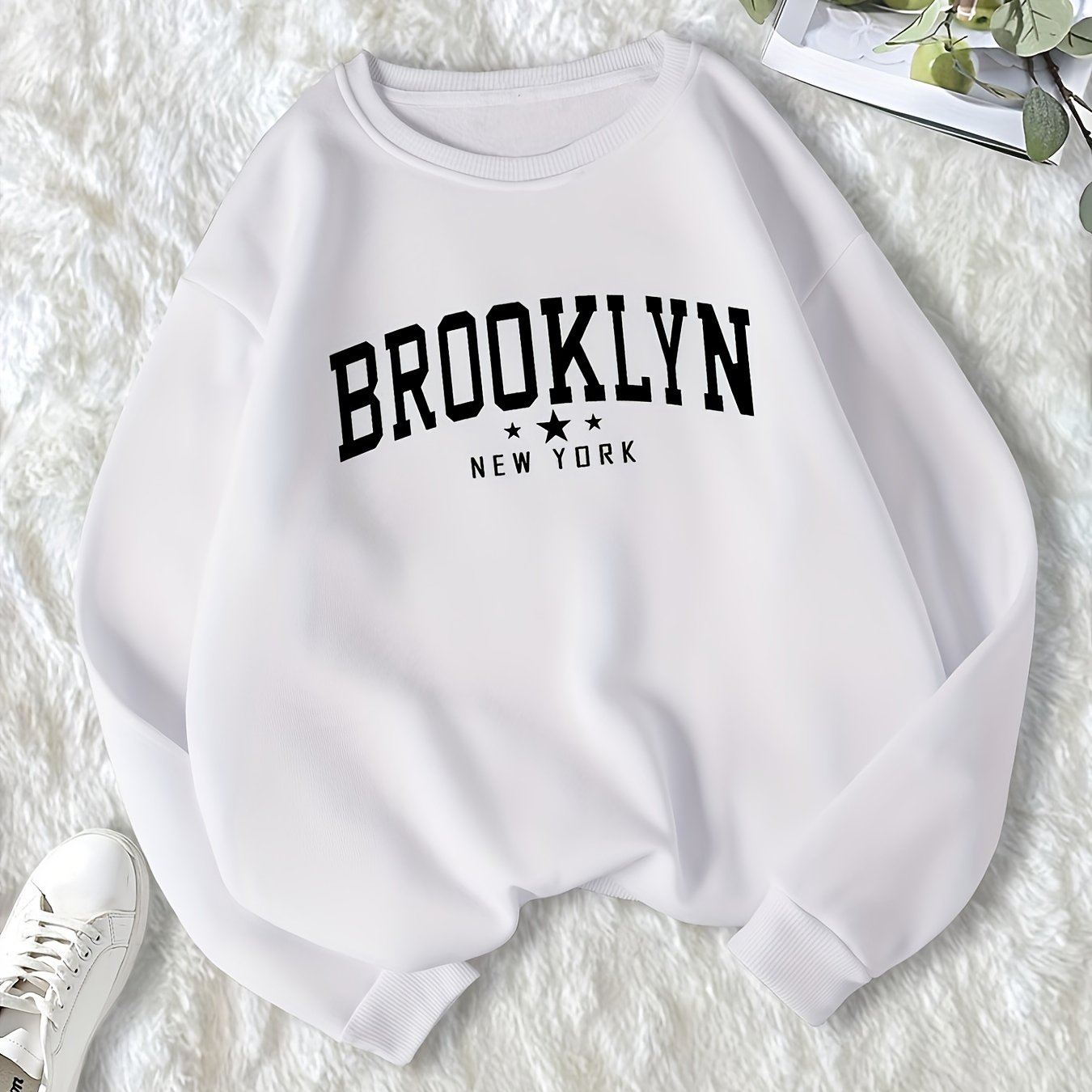 Letter & Star Print Pullover Crew Neck Sweatshirt