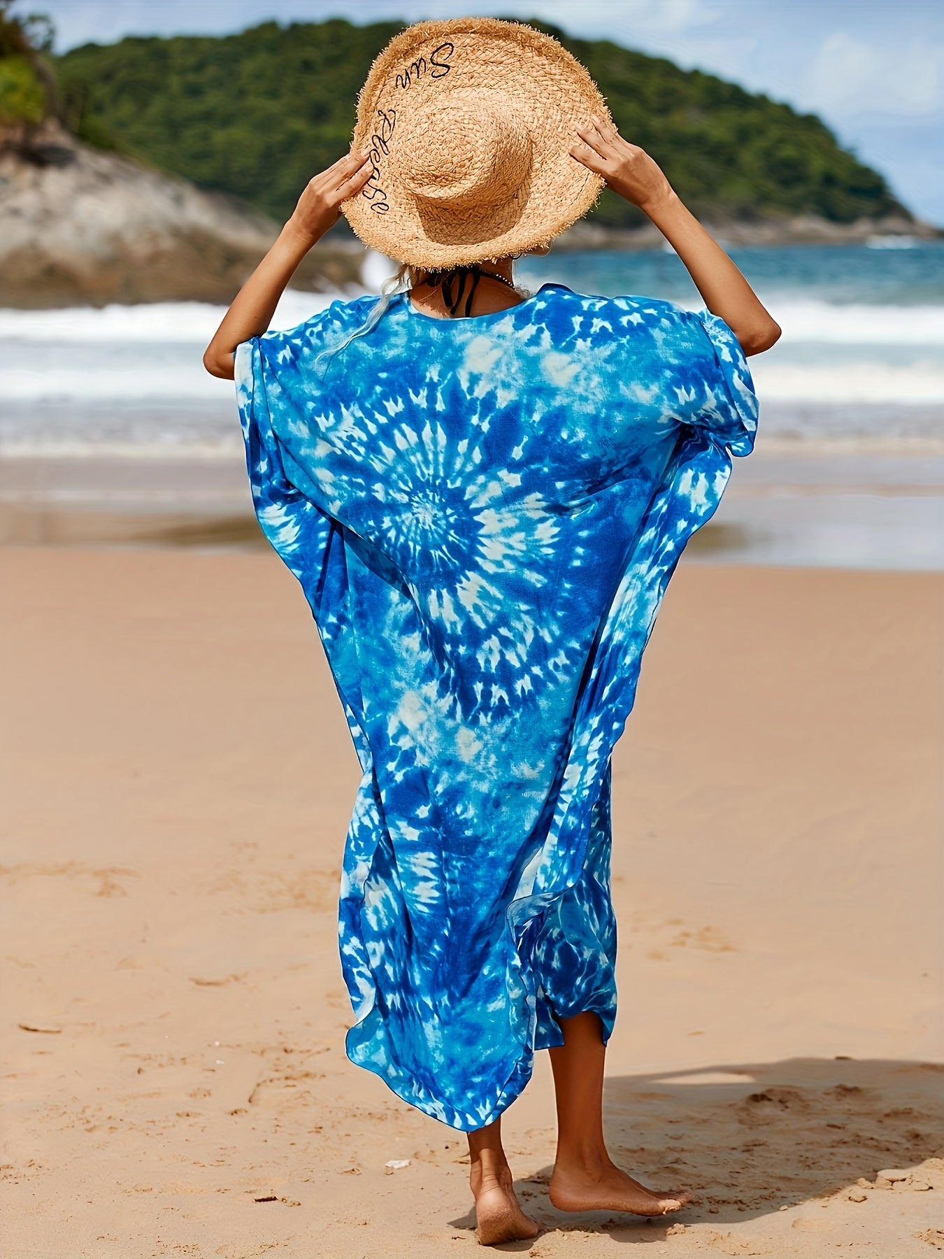 Tie Dye Bat Sleeve V Neck Cover Up Dress