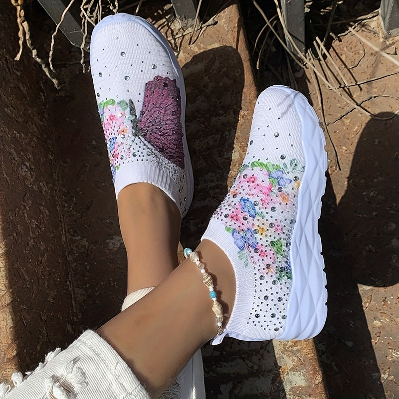 Women's Butterfly & Floral Print Sneakers Rhinestone Decor Knit Shoes