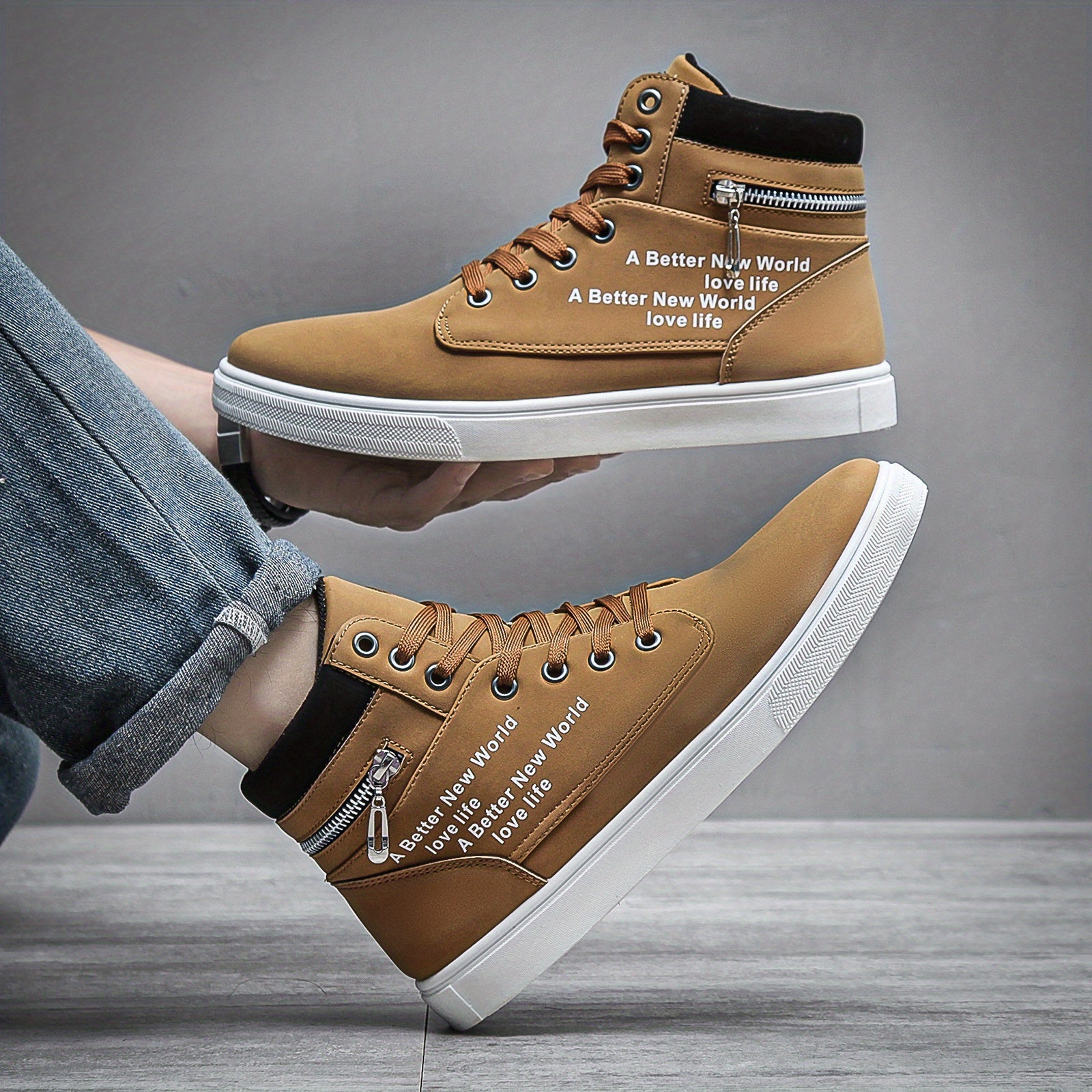 Men's High Top Lace up Sneakers with Zipper, Skate Shoes