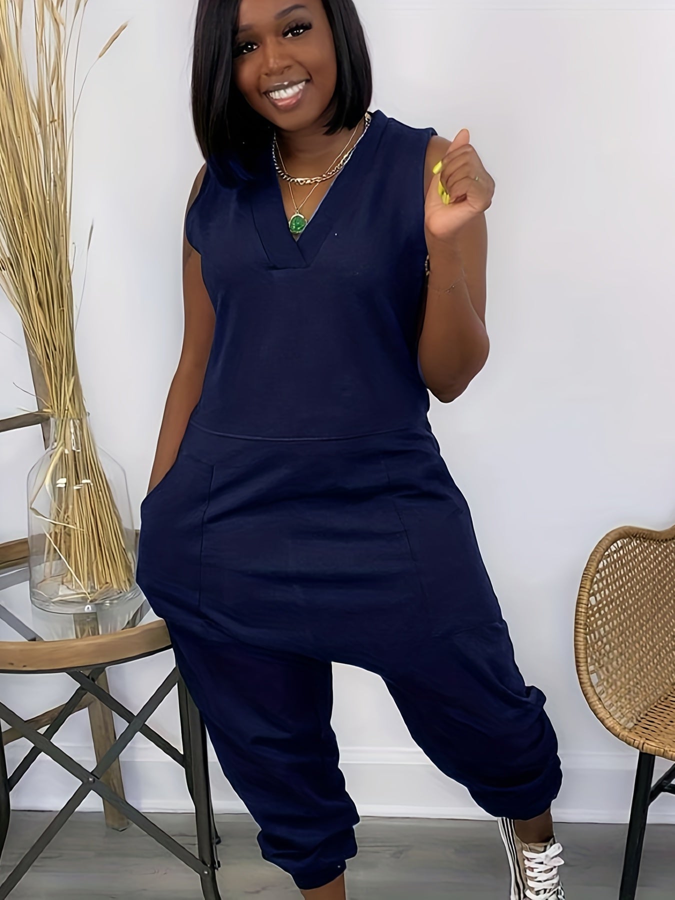 Sleeveless V Neck Jumpsuit Solid Baggy Summer Casual Jumpsuit