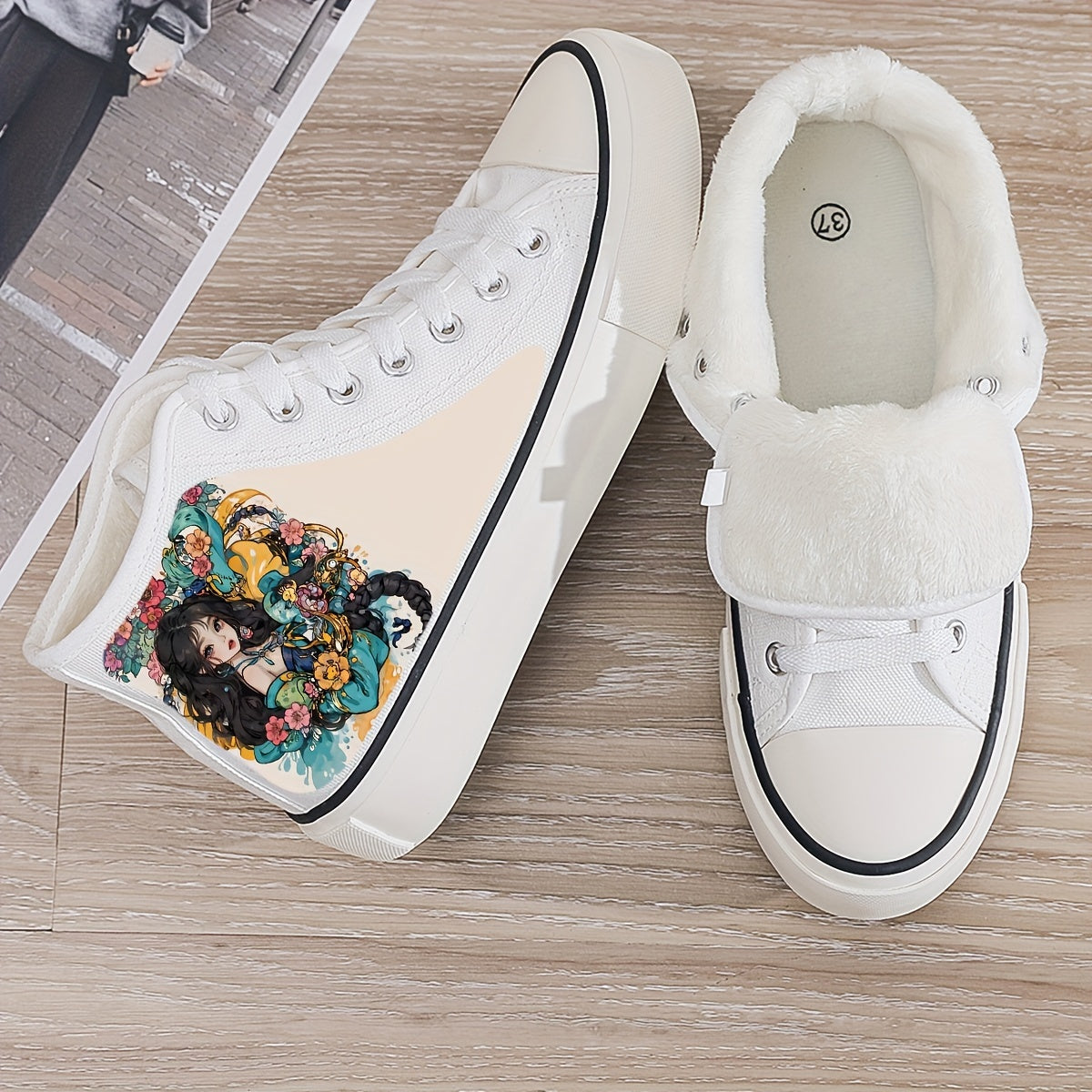 Anime Girl Print Plush Lined Thermal Chunky Canvas Sneakers