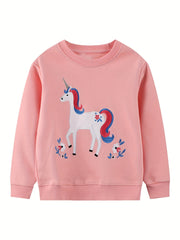 Girls Unicorn Print Crew Neck Sweatshirt for Sports Casual Outfit