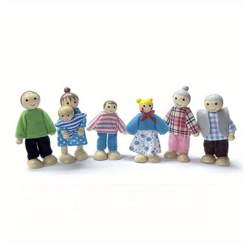 Wooden Family Figure Set 7pcs Mini Figures for Dollhouses Cosplay Birthday