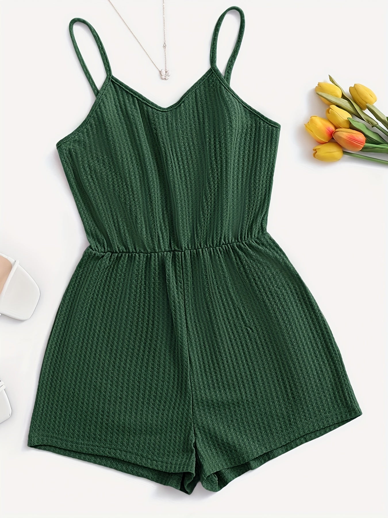 Waffle Knit Cami Romper Sleeveless Jumpsuit Women's Clothing