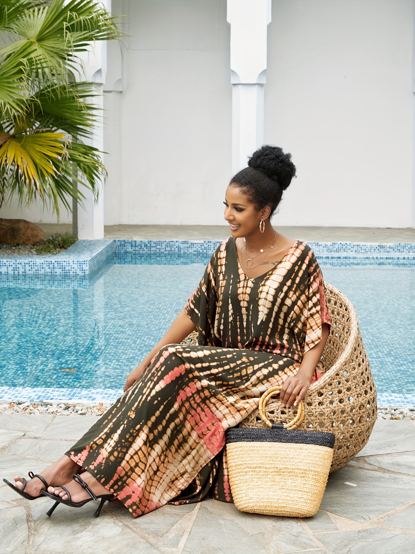 Tie Dye Striped Bat Sleeve V Neck Beach Cover Up