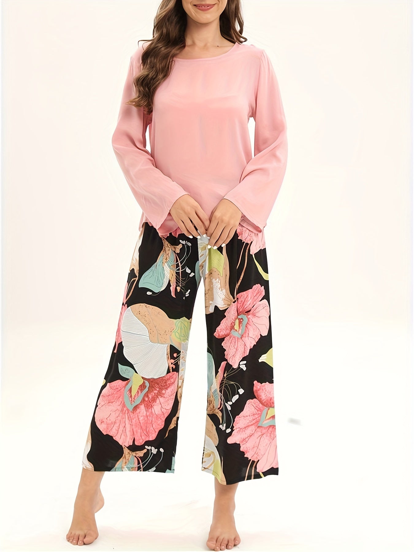 Floral Print Pajama Set Long Sleeve Top & Elastic Waistband Pants