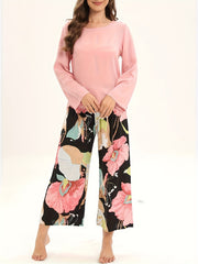 Floral Print Pajama Set Long Sleeve Top & Elastic Waistband Pants