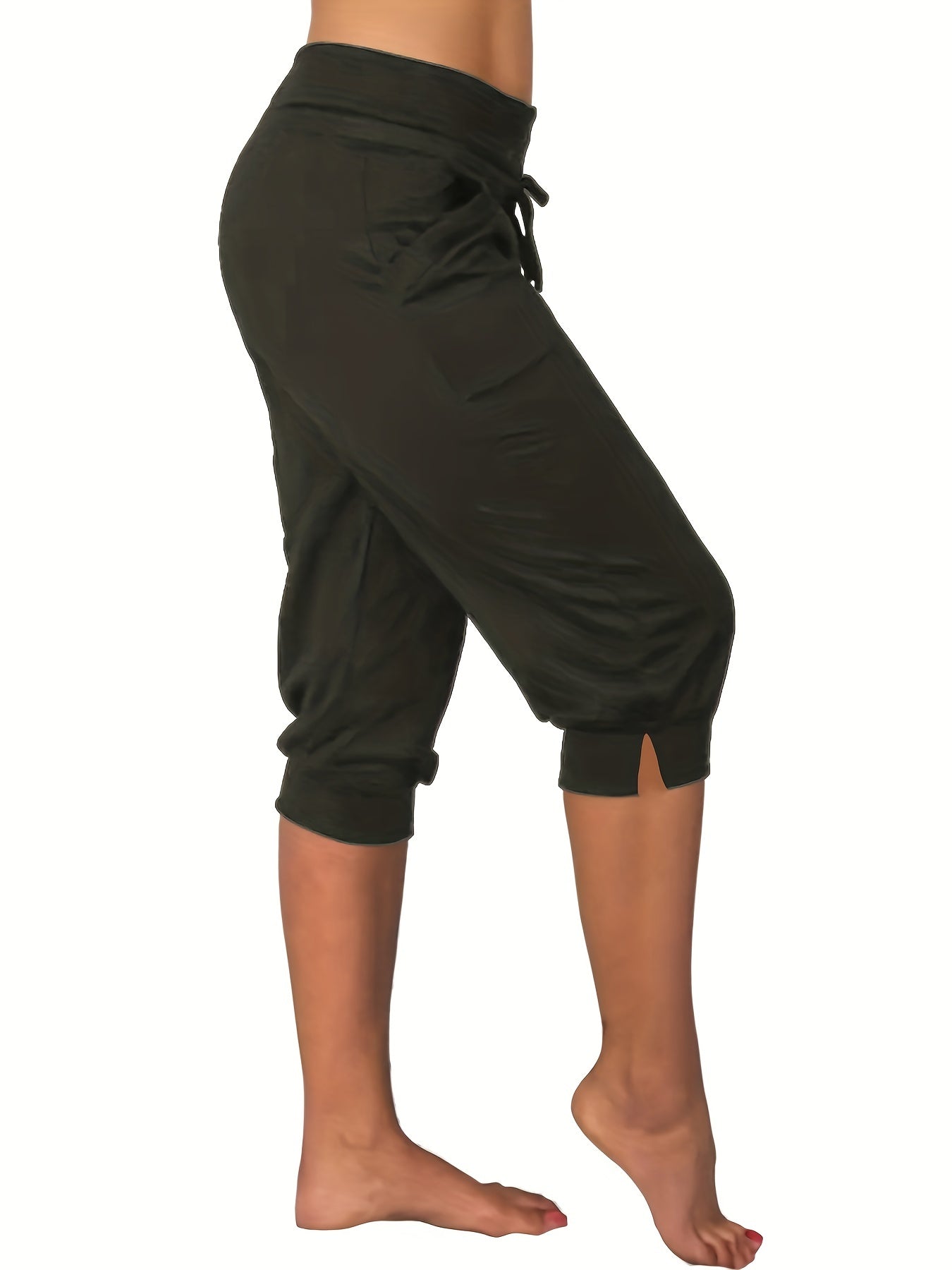 Solid Drawstring Split Cropped Pants Casual Pants For Spring & Summer