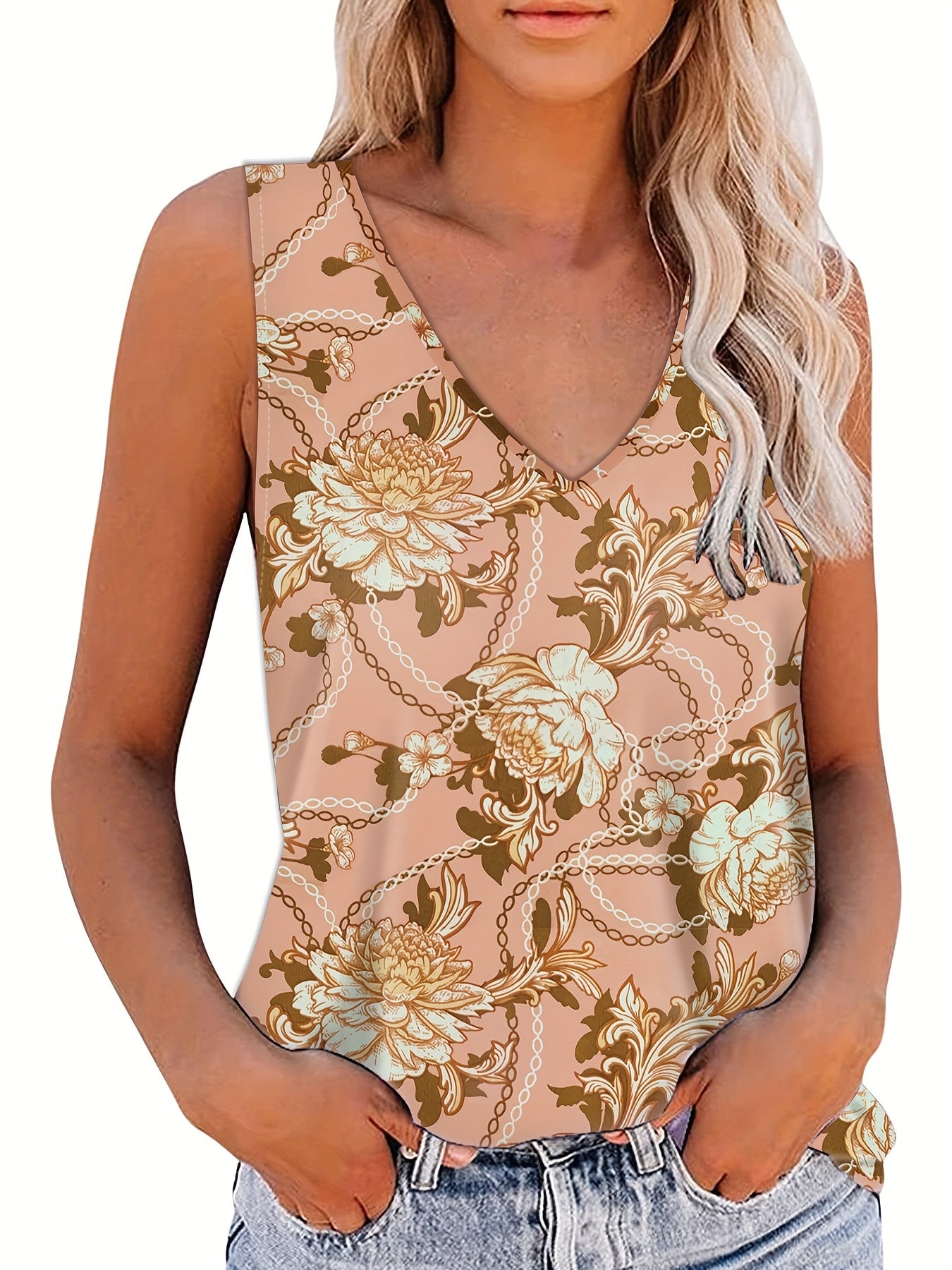Chain & Floral Print Tank Top Women's V Neck Sleeveless Casual Summer Top