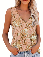 Chain & Floral Print Tank Top Women's V Neck Sleeveless Casual Summer Top