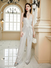 Sequined V Neck Jumpsuit w/Belt