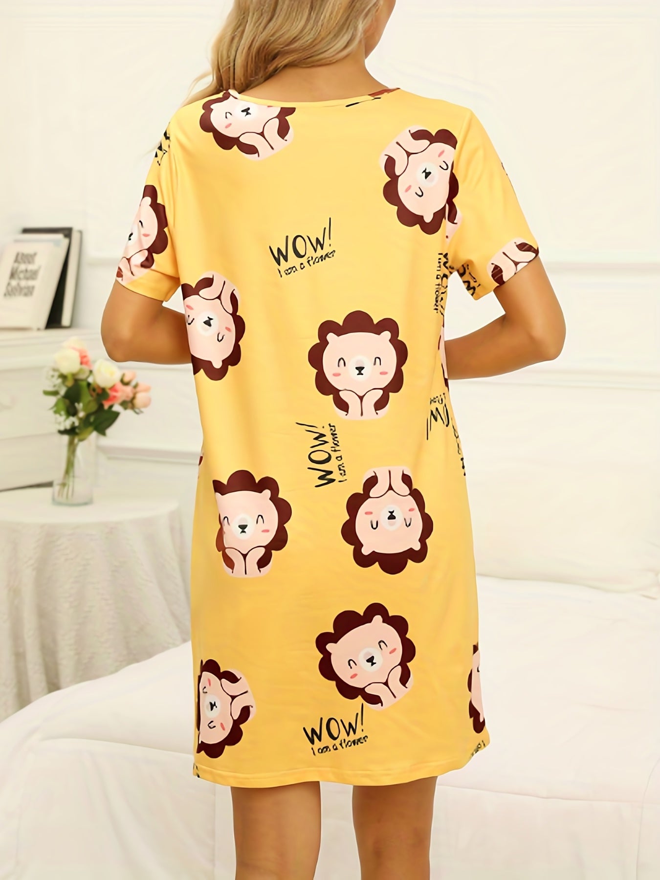 Cartoon Lion Print Lounge Dress & Comfy Crew Neck Short Sleeve Home Dress