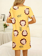 Cartoon Lion Print Lounge Dress & Comfy Crew Neck Short Sleeve Home Dress
