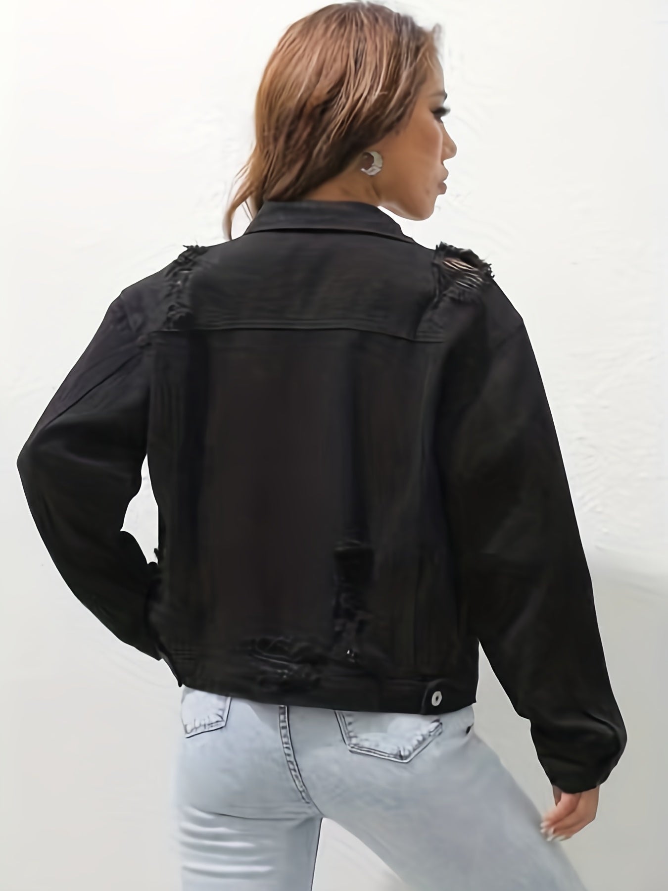 Ripped Holes Denim Jackets Long Sleeves Single Breasted Button Lapel Denim Coats