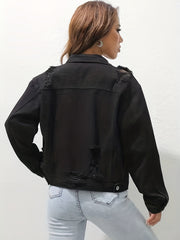 Ripped Holes Denim Jackets Long Sleeves Single Breasted Button Lapel Denim Coats
