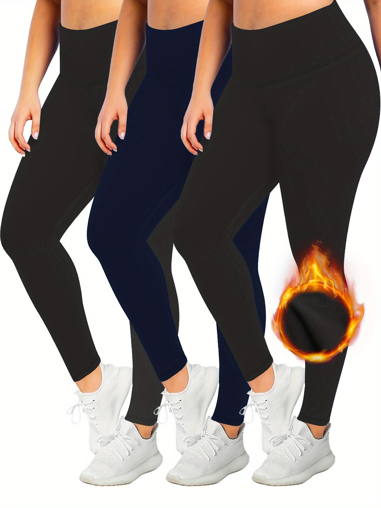 3 Pack Plus Size Casual Leggings Set Women's Plus Solid Liner Fleece