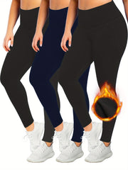 3 Pack Plus Size Casual Leggings Set Women's Plus Solid Liner Fleece
