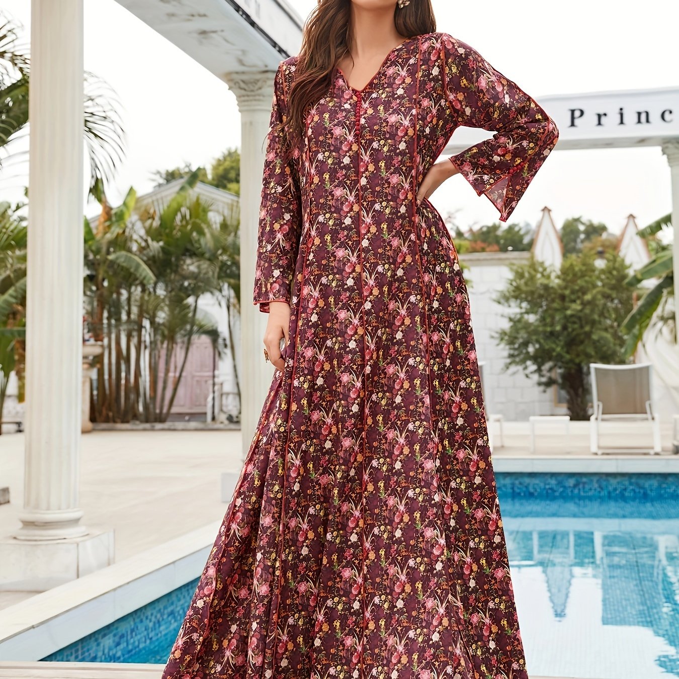 Abaya Dress Women's Plus Ditsy Floral & Stripe Print Maxi Dress