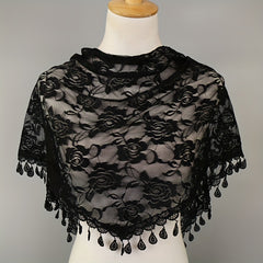 Rose Embroidery Lace Tassel Triangle Scarf Outdoor Windproof Head Wrap