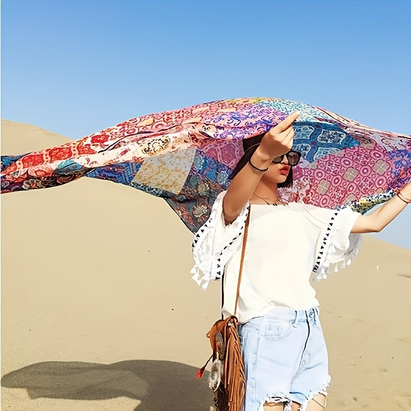Boho Flower Print Scarf Vintage Tassel Shawl Windproof Head Wrap