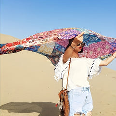 Boho Flower Print Scarf Vintage Tassel Shawl Windproof Head Wrap