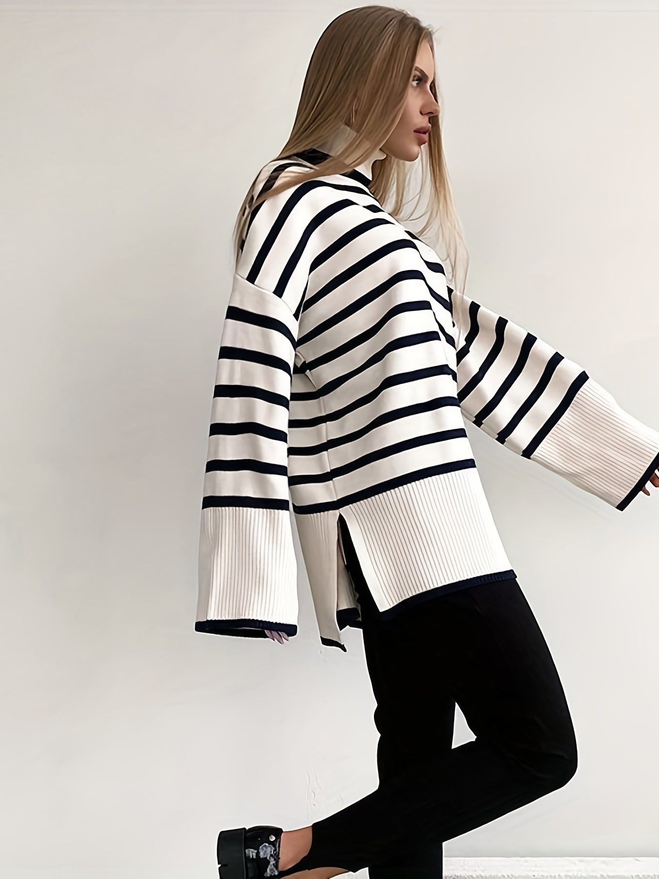 Stripe Print Long Sleeve High Neck Sweater