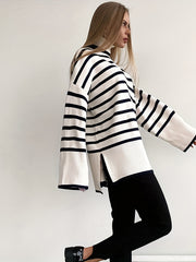Stripe Print Long Sleeve High Neck Sweater
