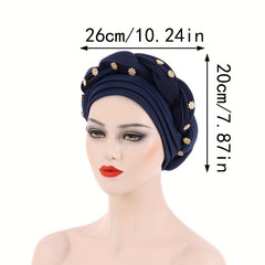 Pleated Turban Cap Flower Decor Twist Head Wrap Elastic Bonnet Beanie Chemo Hats