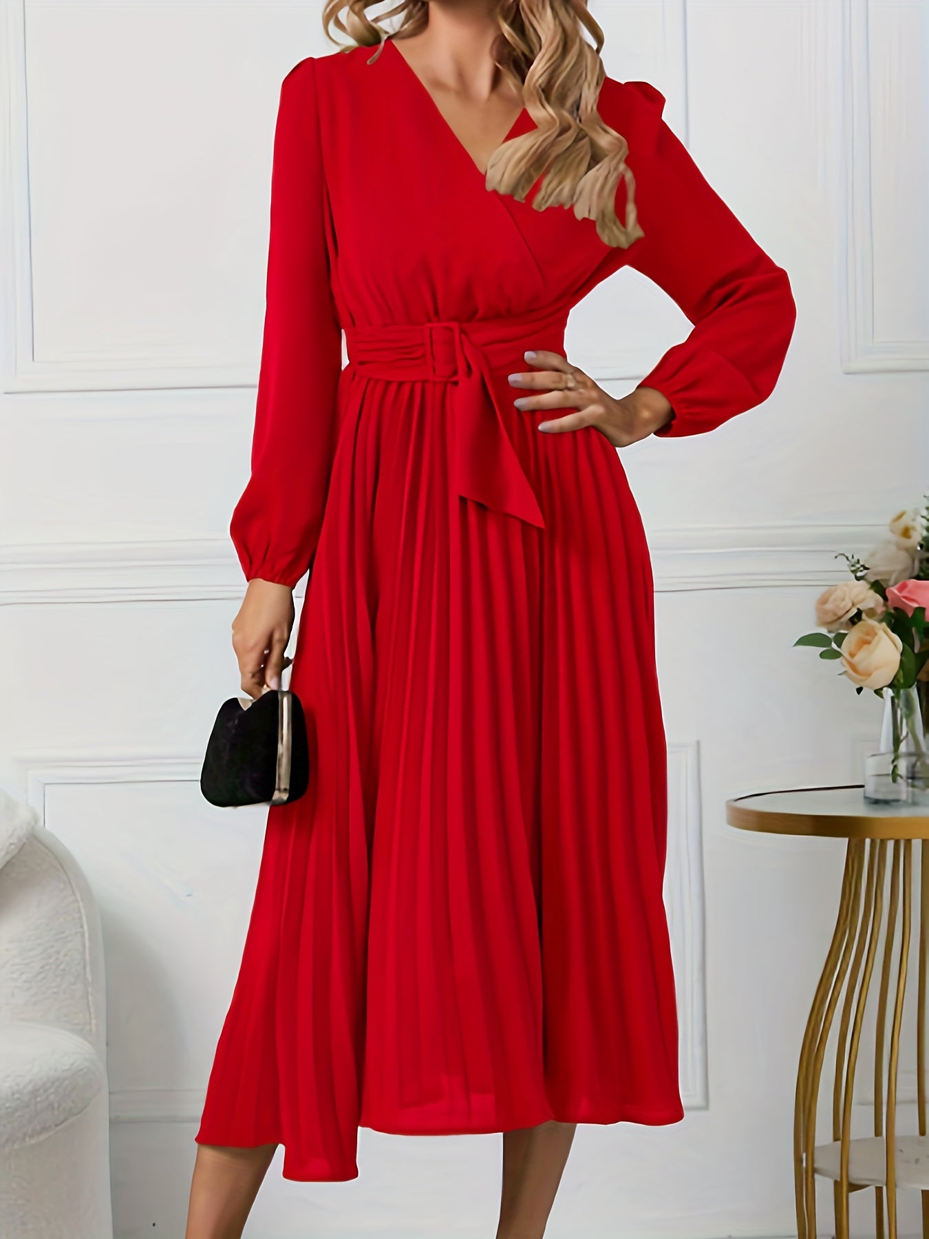Lantern Sleeve Evening Formal Dress With Belt
