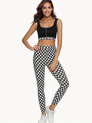 Plaid Print Skinny Leggings High Waist Stretchy Leggings Women's Clothing