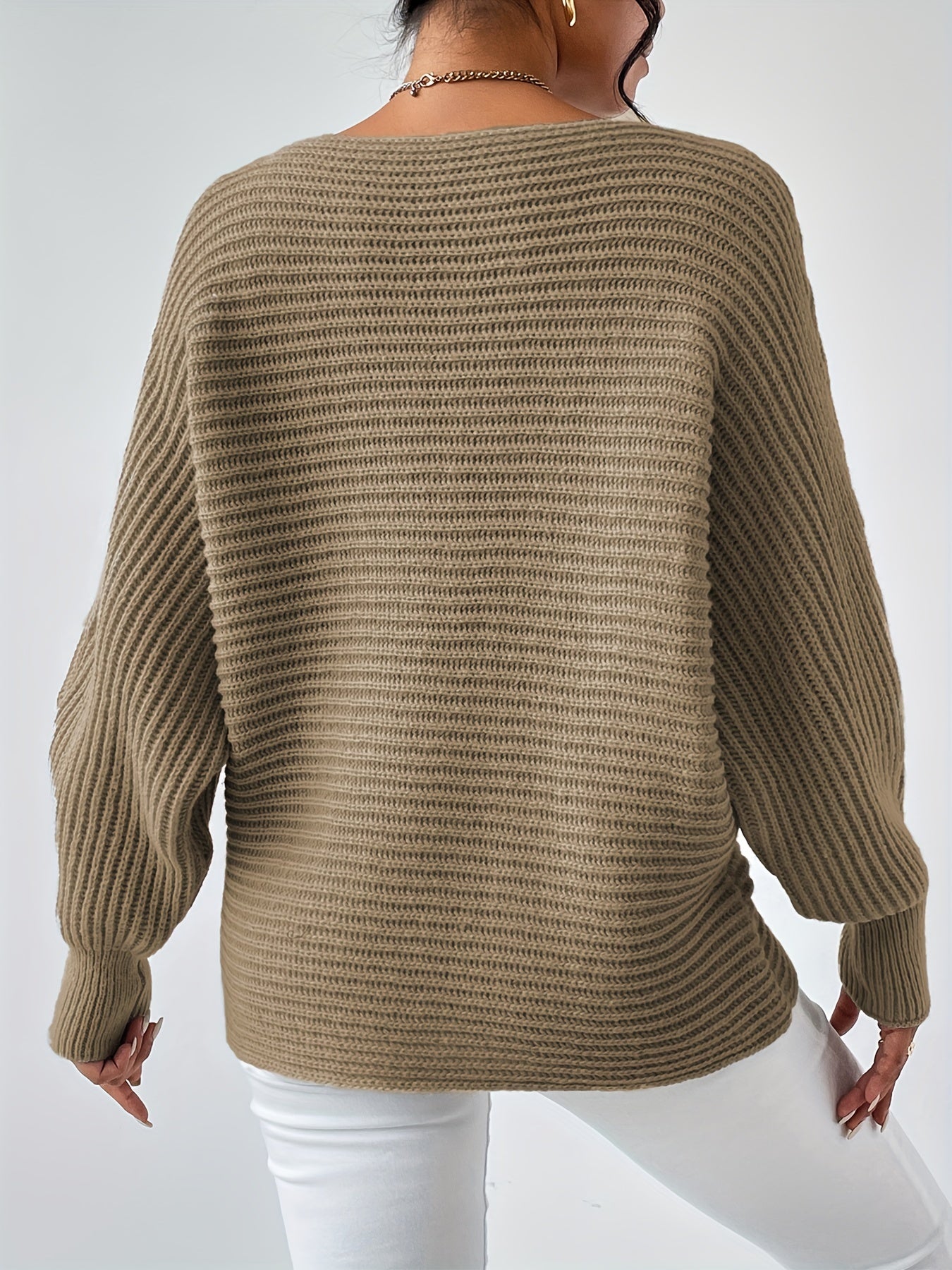 Solid Boat Neck Batwing Sleeve Sweater for Women
