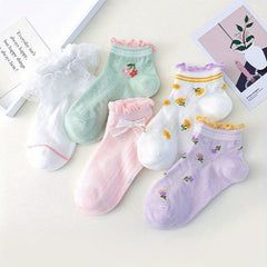 5pairs Girls Casual Knit Flower Print Ruffled Socks Thin Mesh for Spring