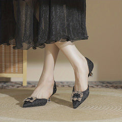 Rhinestone Square Decor Kitten Heels Point Toe Pumps