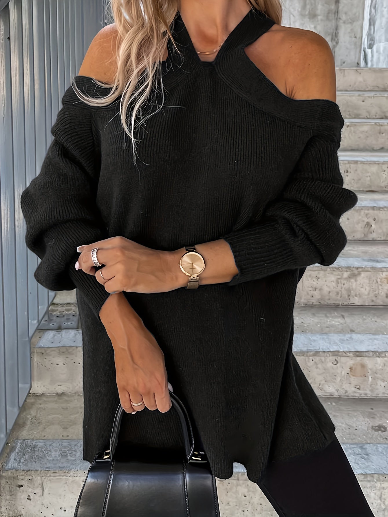 Solid Lantern Sleeve Cold Shoulder Jumper