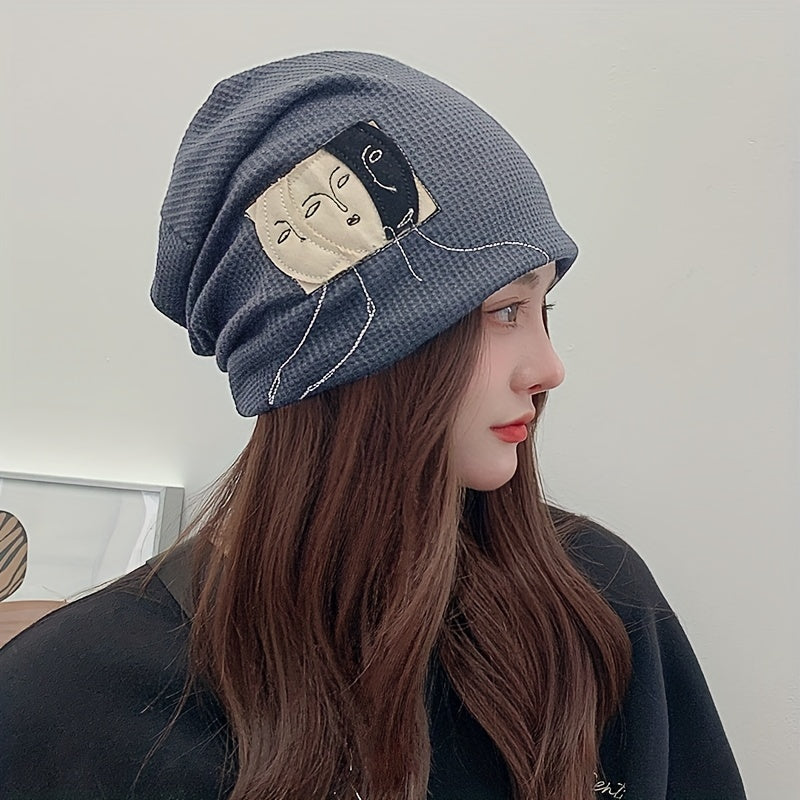 Face Graphic Patch Beanie Solid Elastic Knit Hat Hip Hop Lightweight Skull Hat